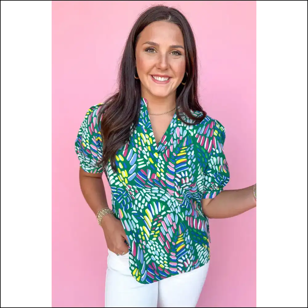 Green Geometric Print Blouse: Geometrically Hilarious! Needful Things. π - Blouses on Sale Worldwide Shipping