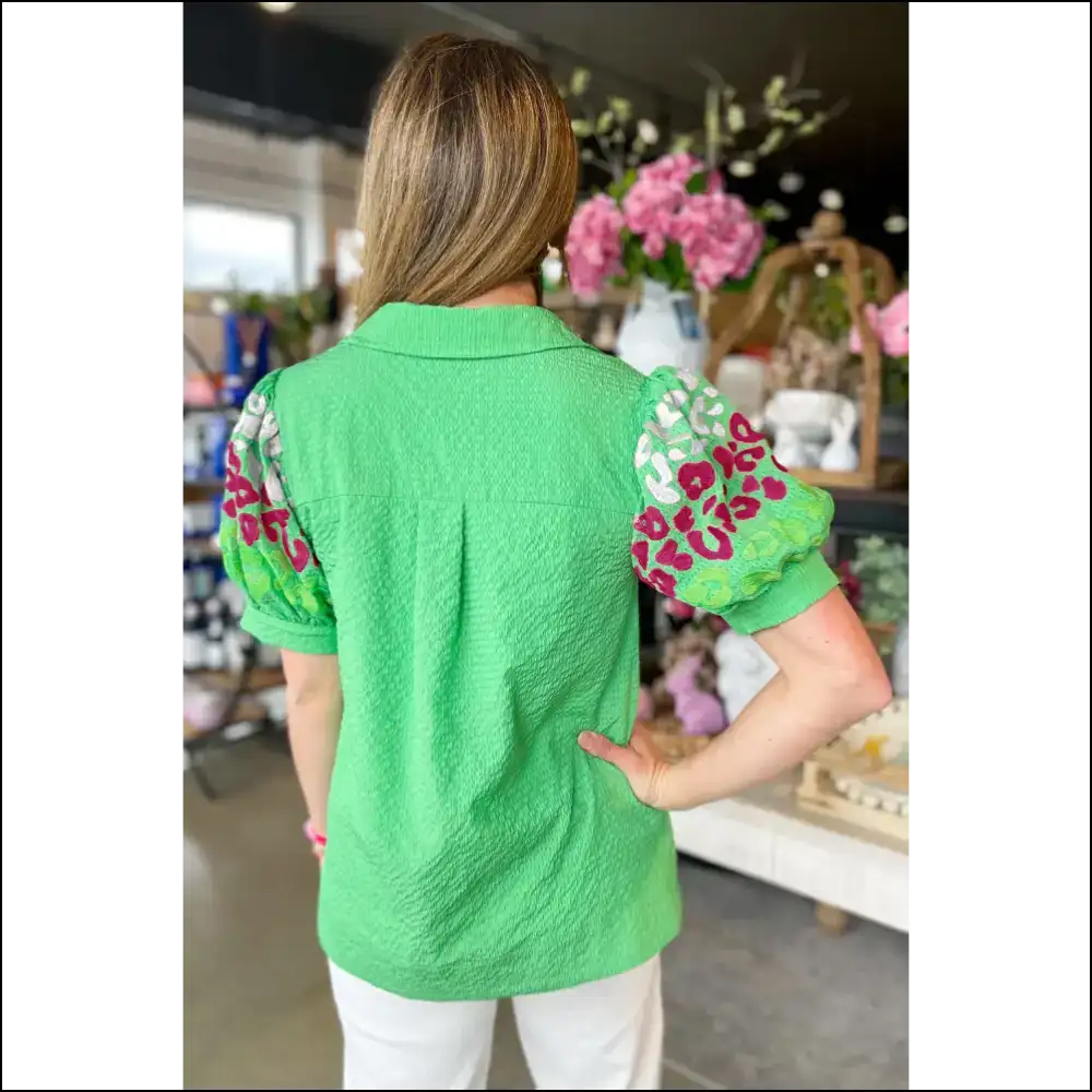 Green Leopard Embroidered Sleeve: Unleash your Inner Fashion Beast 🐆 Needful Things - Blouses on Sale Worldwide Shipping