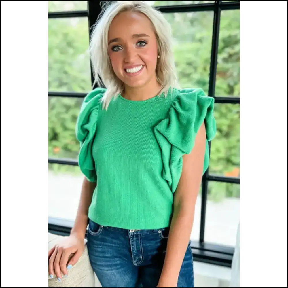 Green Ruffle Sleeve Ribbed Blouse: so Chic its Un-rib-lievable - Blouses on Sale Worldwide Shipping