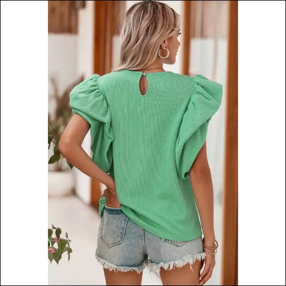 Green Ruffle Sleeve Ribbed Blouse: so Chic its Un-rib-lievable - Blouses on Sale Worldwide Shipping