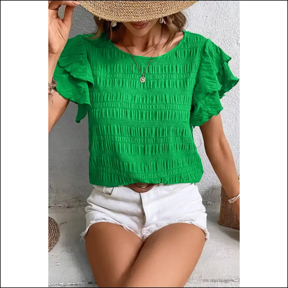 Green Ruffle Sleeve Smocked: Sassy & Still Alive 🪦 Needful Things - Blouses on Sale Worldwide Shipping