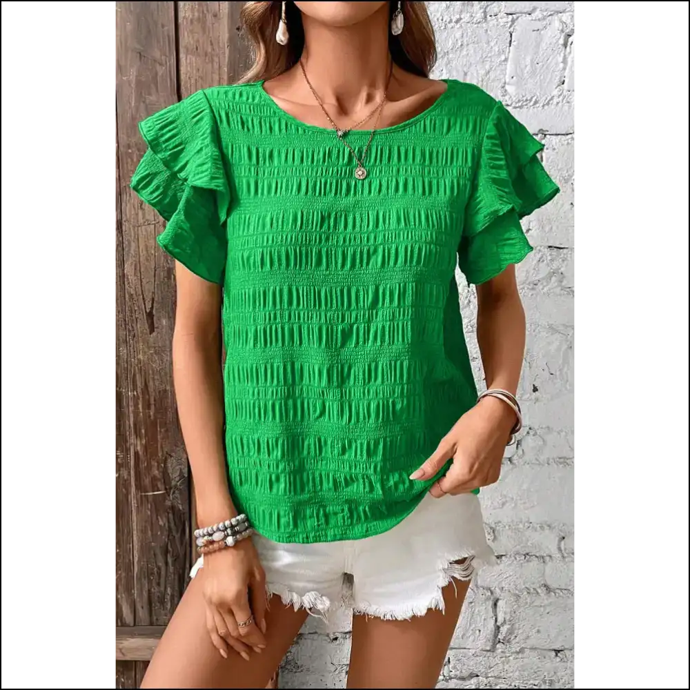 Green Ruffle Sleeve Smocked: Sassy & Still Alive 🪦 Needful Things - Blouses on Sale Worldwide Shipping