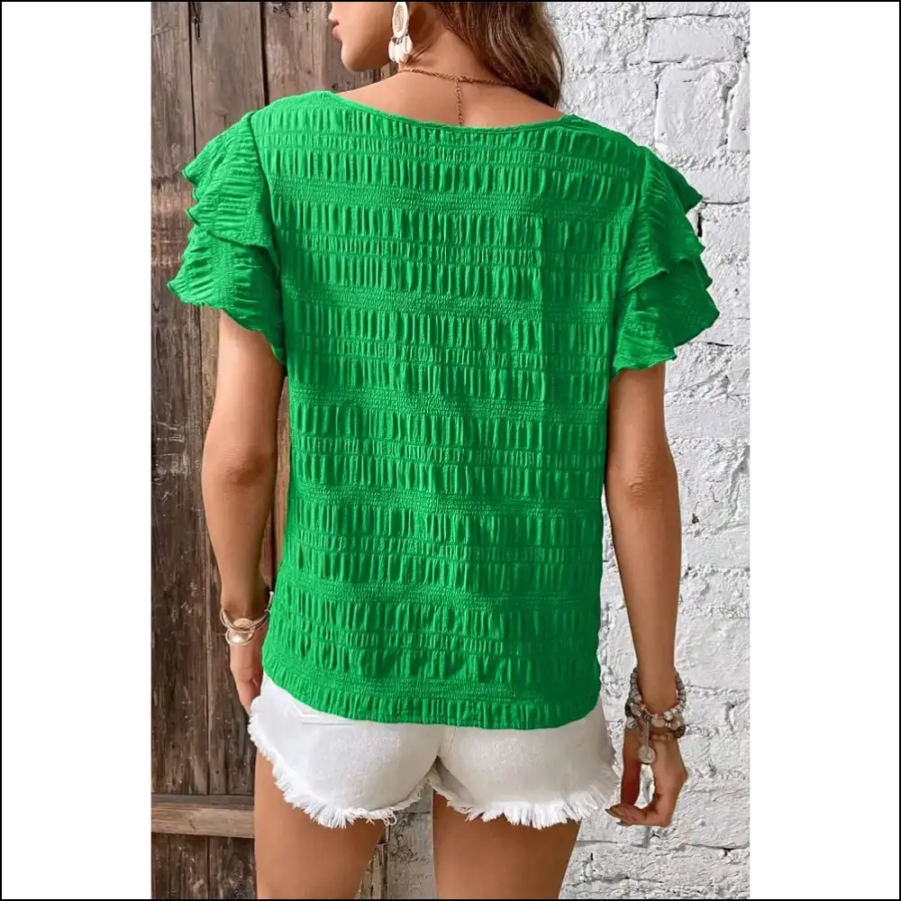 Green Ruffle Sleeve Smocked: Sassy & Still Alive 🪦 Needful Things - Blouses on Sale Worldwide Shipping