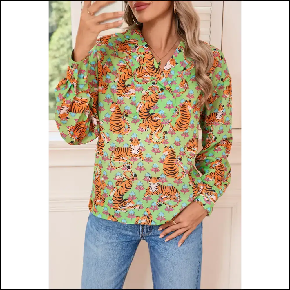 Green Tiger Floral: where Fashion Meets Feline Fine-ss! 🐅needful Things - s - Blouses on Sale Worldwide Shipping