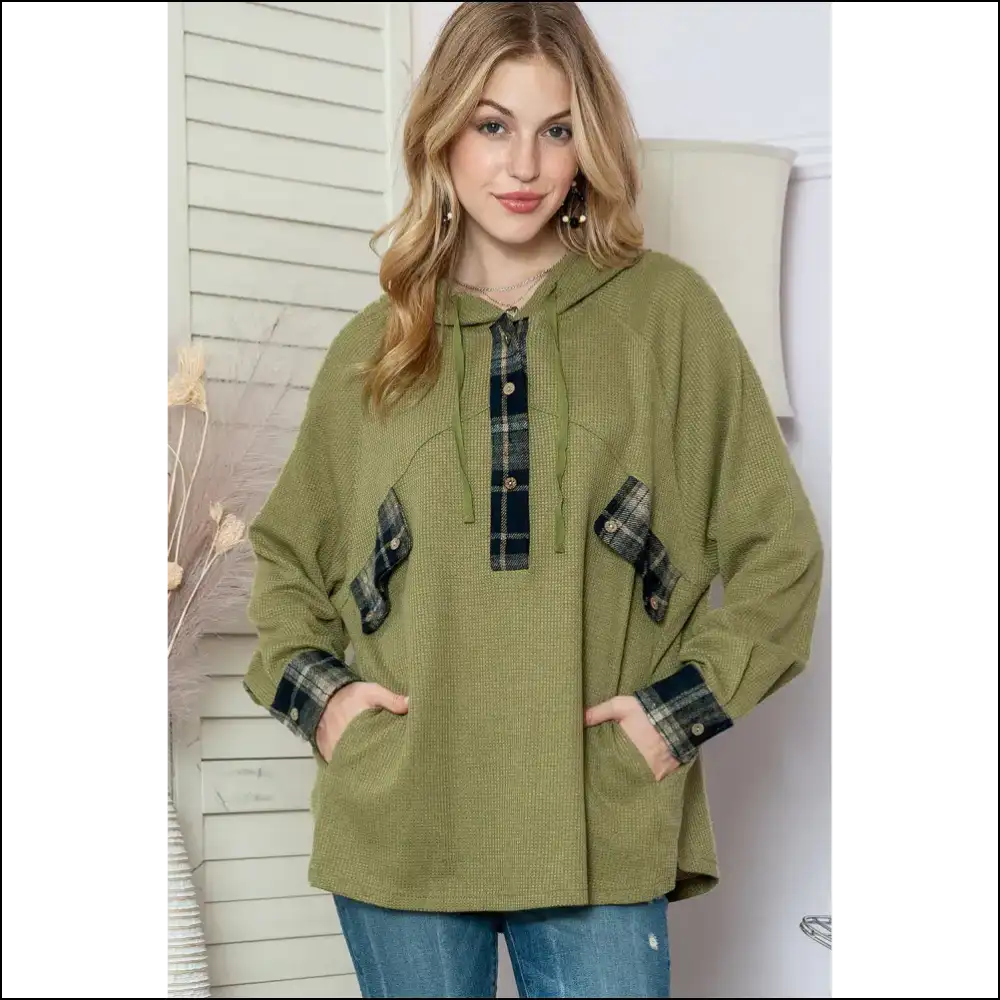 Green Wfle Knit Henley: Basically a Wearable Hug from Needful Things - s - Sweatshirts & Hoodies on Sale Worldwide Shipping