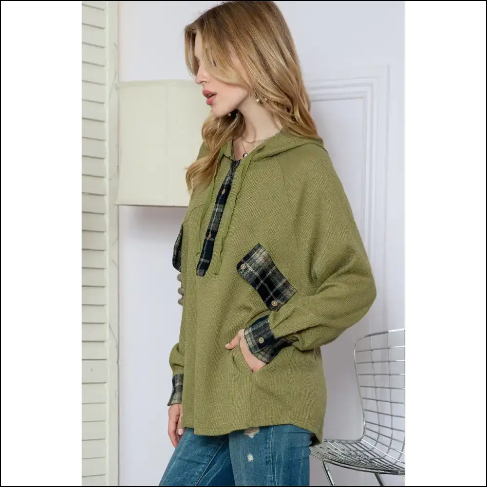 Green Wfle Knit Henley: Basically a Wearable Hug from Needful Things - Sweatshirts & Hoodies on Sale Worldwide Shipping