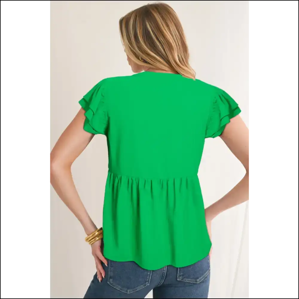 Green with Envy Bright Ruffle Sleeve Peplum Blouse - Blouses on Sale Worldwide Shipping