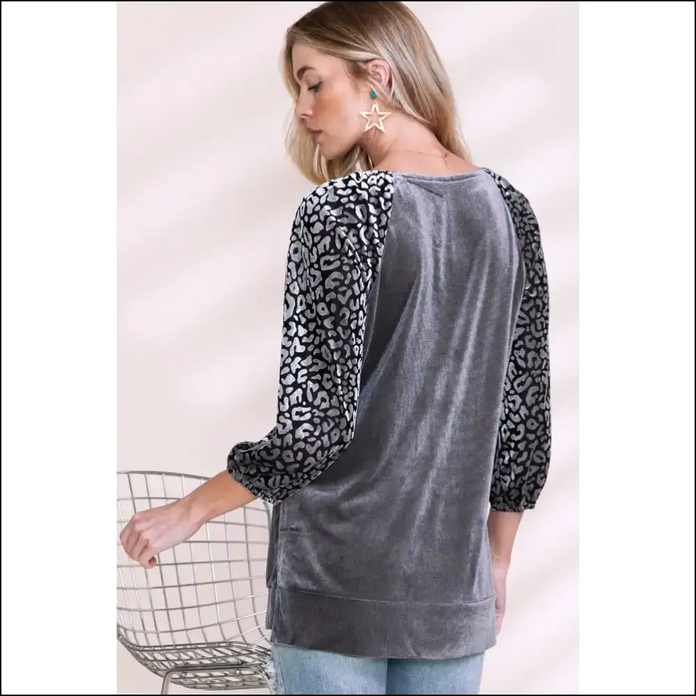 Grey Leopard Velvet Blouse Splicing Shenanigans - Blouses on Sale Worldwide Shipping