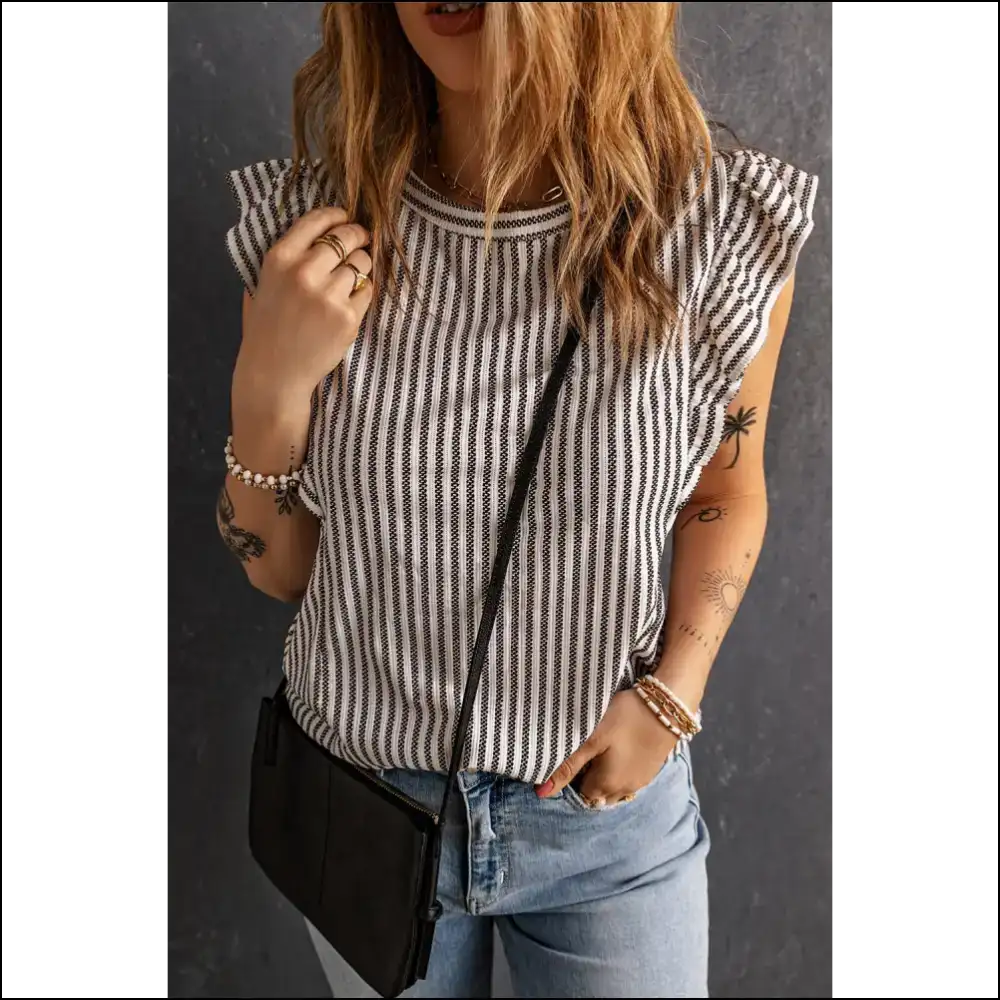 Grey Ruffled Striped Top: Needful Things for Goddesses π - Gray / s - Sleeveless Shirts Tank Tops on Sale Worldwide Shipping