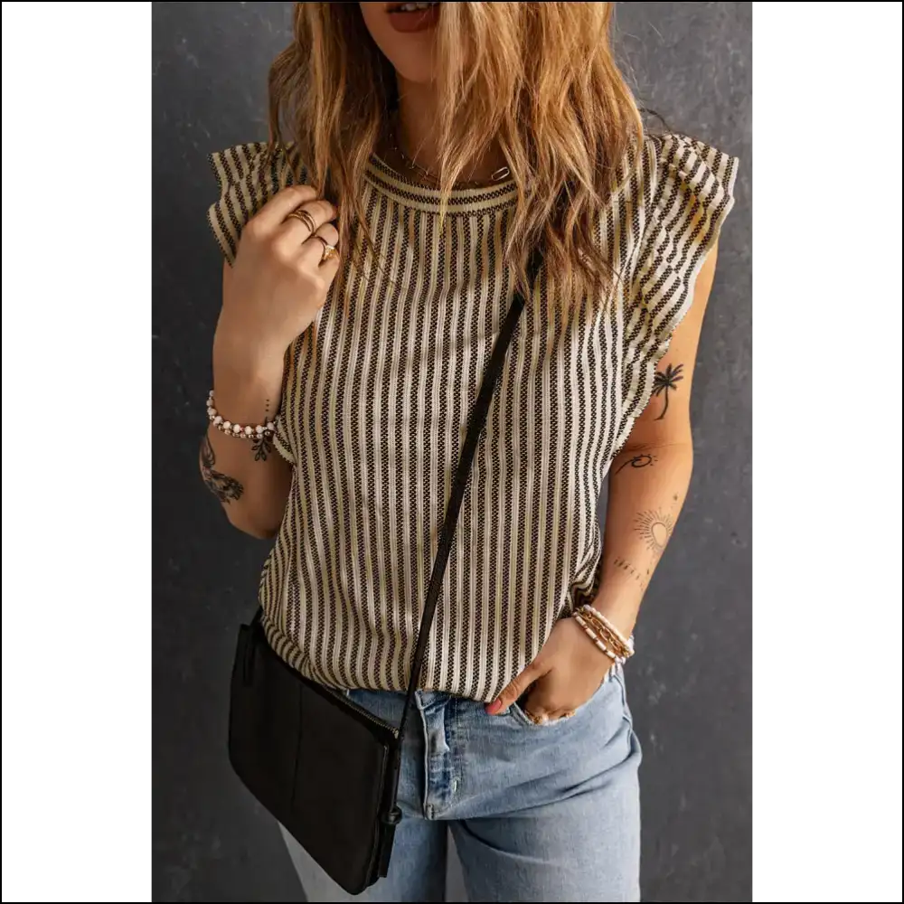 Grey Ruffled Striped Top: Needful Things for Goddesses π - Khaki / s - Sleeveless Shirts Tank Tops on Sale Worldwide Shipping