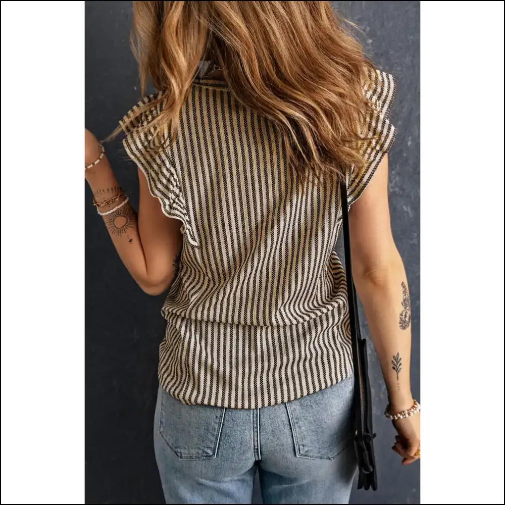 Grey Ruffled Striped Top: Needful Things for Goddesses π - Sleeveless Shirts Tank Tops on Sale Worldwide Shipping