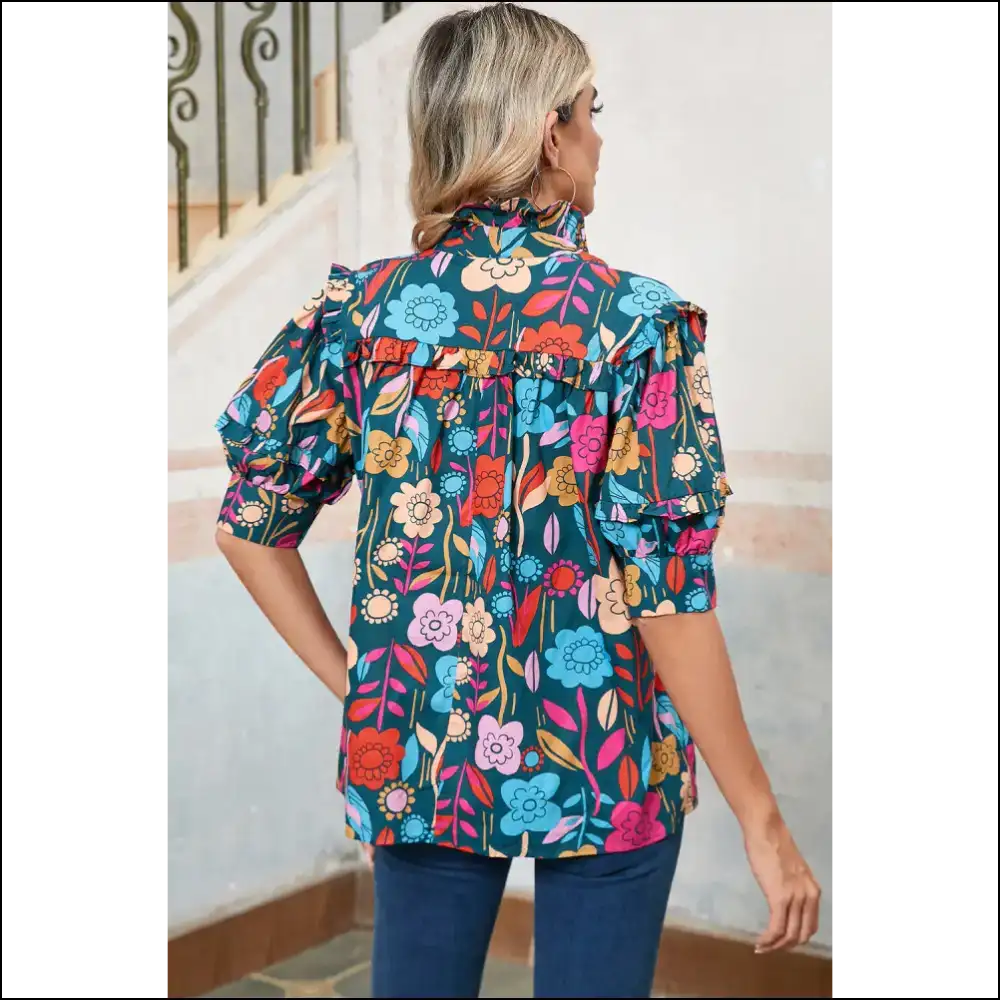 Groovy Green Goddess Floral Print Puff Sleeve Power 🌼 Needful Things - Blouses on Sale Worldwide Shipping
