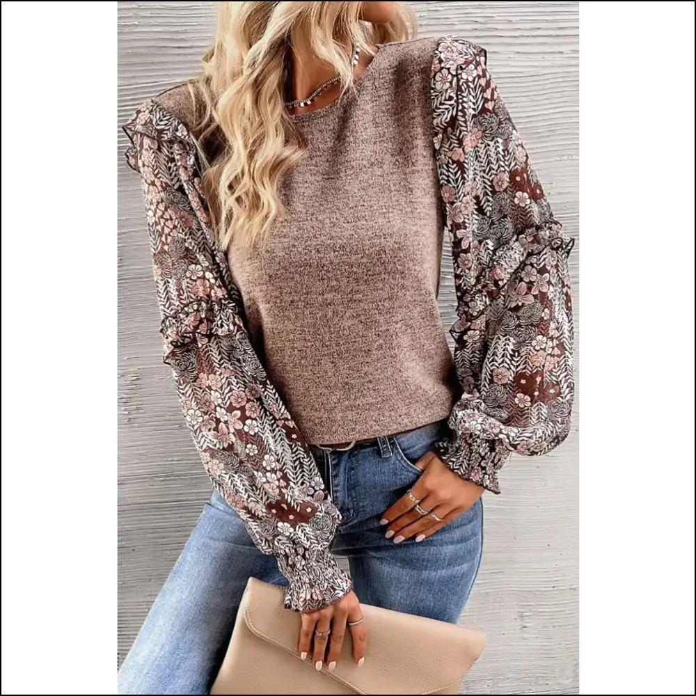 Heathered Floral Frill Blouse with Lantern Sleeves - Khaki / s - Blouses on Sale Worldwide Shipping