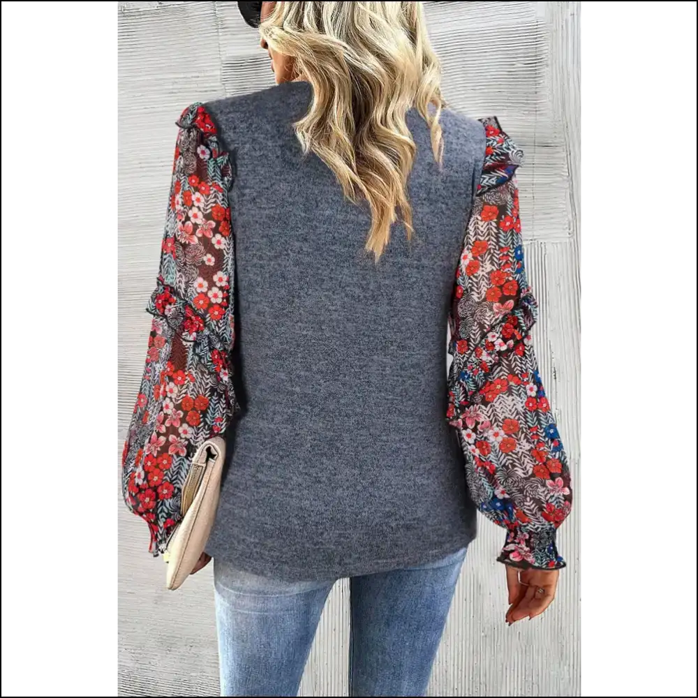 Heathered Floral Frill Blouse with Lantern Sleeves - Blouses on Sale Worldwide Shipping