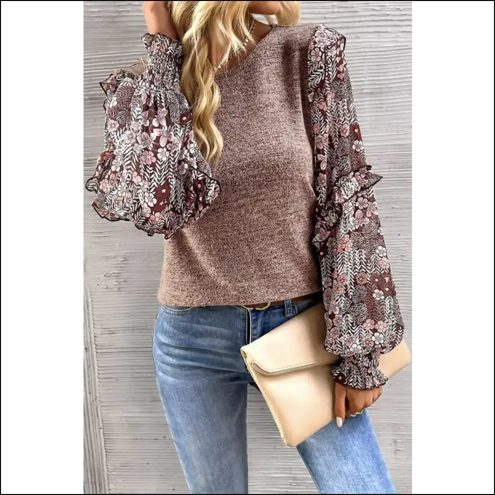 Heathered Floral Frill Blouse with Lantern Sleeves - Blouses on Sale Worldwide Shipping