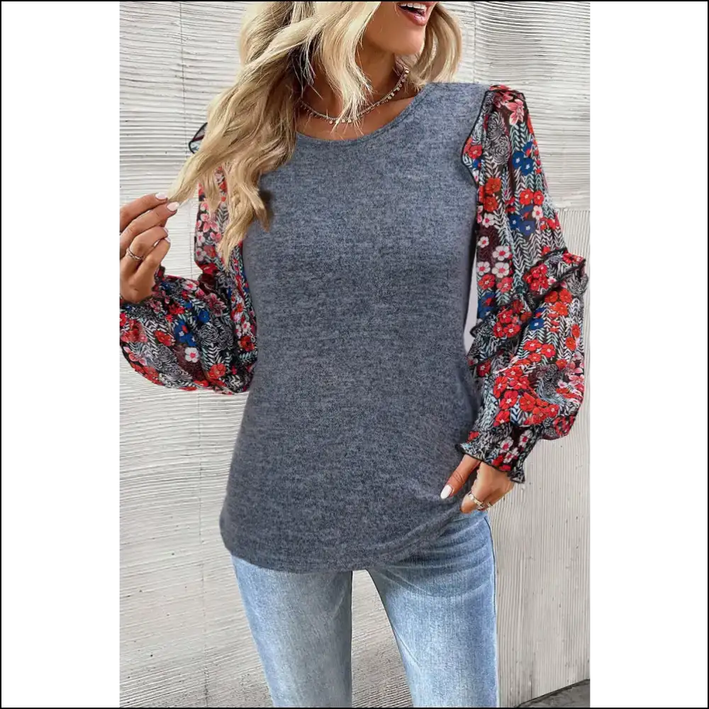 Heathered Floral Frill Blouse with Lantern Sleeves - Blouses on Sale Worldwide Shipping