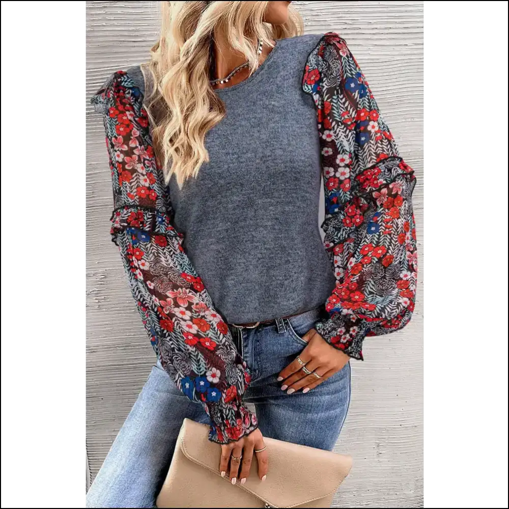 Heathered Floral Frill Blouse with Lantern Sleeves - Blouses on Sale Worldwide Shipping