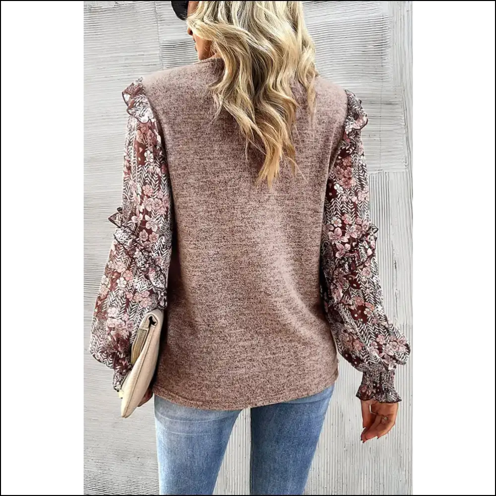 Heathered Floral Frill Blouse with Lantern Sleeves - Blouses on Sale Worldwide Shipping