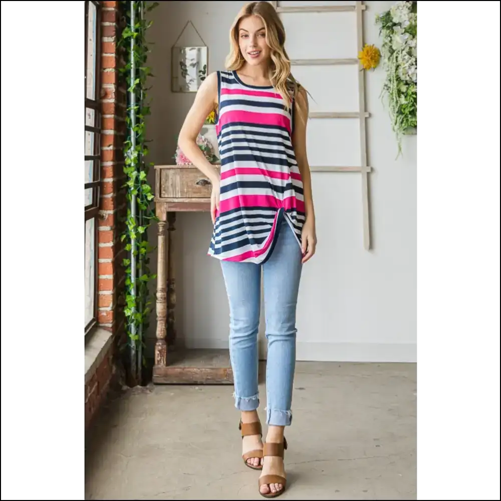 Heimish Striped Twist Knot Round Neck Tank - Tops on Sale Worldwide Shipping