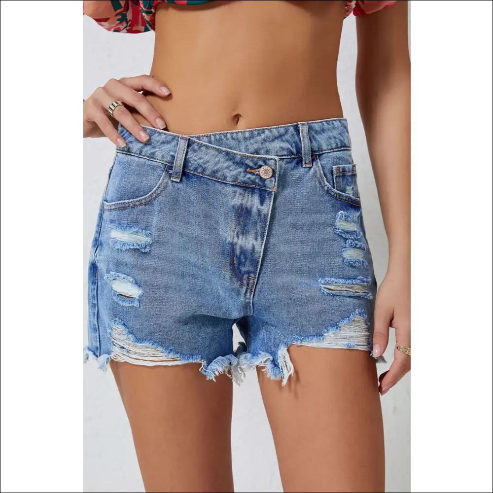 High Rise Crossover Waist Denim Shorts - Light Blue / 8 - on Sale Worldwide Shipping