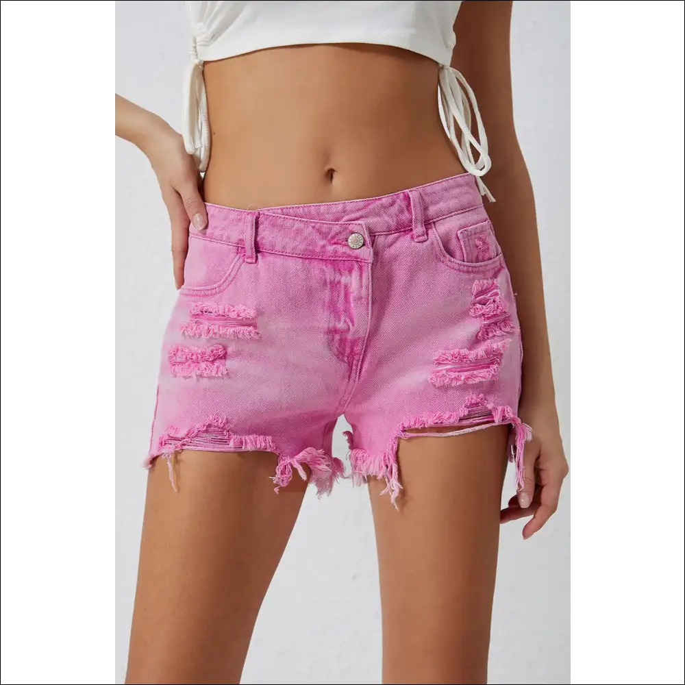 High Rise Crossover Waist Denim Shorts - Pink / 8 - on Sale Worldwide Shipping