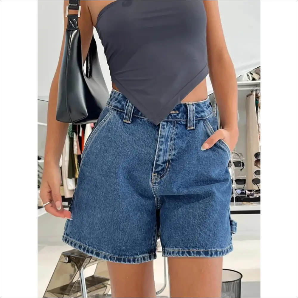 High Rise Washed Denim Shorts - Dark Blue / m - on Sale Worldwide Shipping