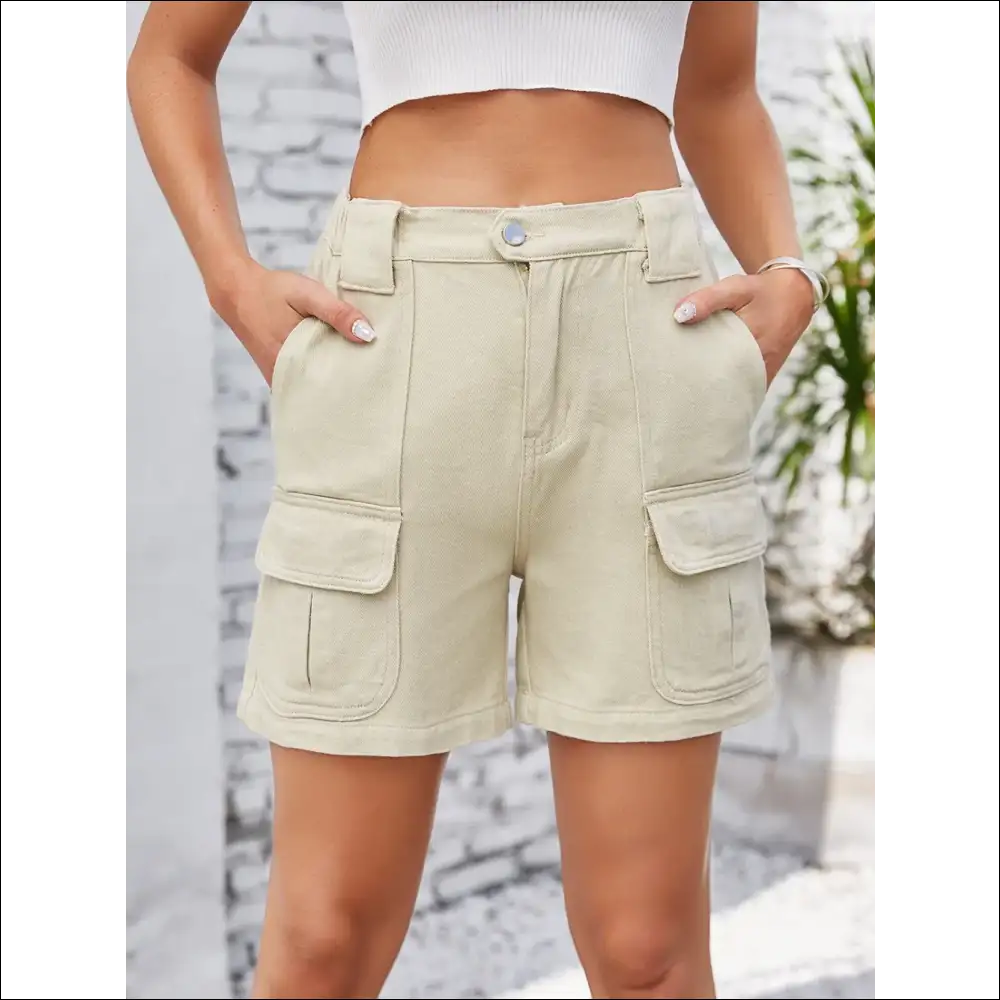 High Waist Washed Denim Shorts - Cream / m - on Sale Worldwide Shipping