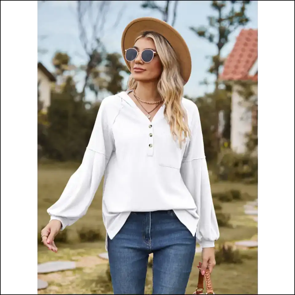 Hoodie Up Buttercup: your Chic Buttoned Dropped Shoulder Sidekick! πβ¨ - White / l - Sweatshirts & Hoodies on Sale Worldwide Shipping
