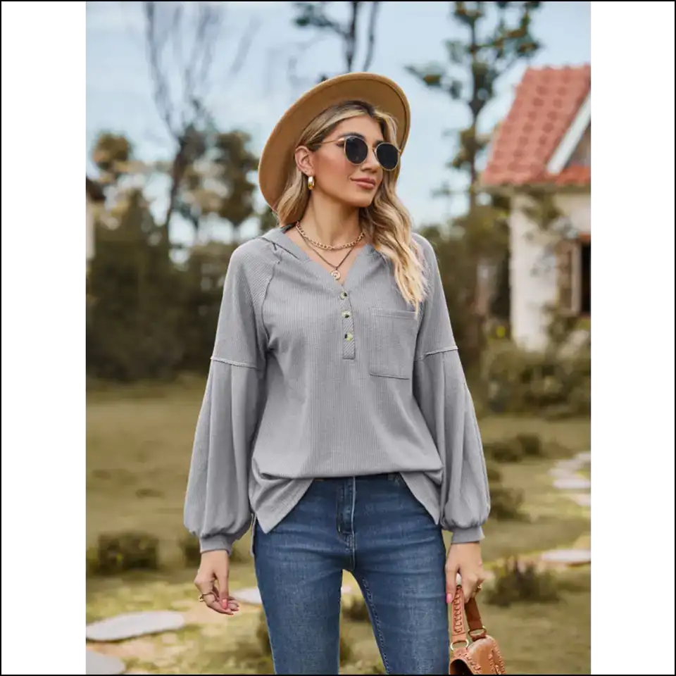 Hoodie Up Buttercup: your Chic Buttoned Dropped Shoulder Sidekick! πβ¨ - Gray / m - Sweatshirts & Hoodies on Sale Worldwide Shipping