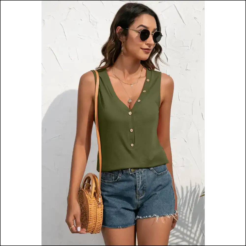 Ivy Lane Buttoned Deep v Tank - Chic and Stylish - Green / s - Tops on Sale Worldwide Shipping