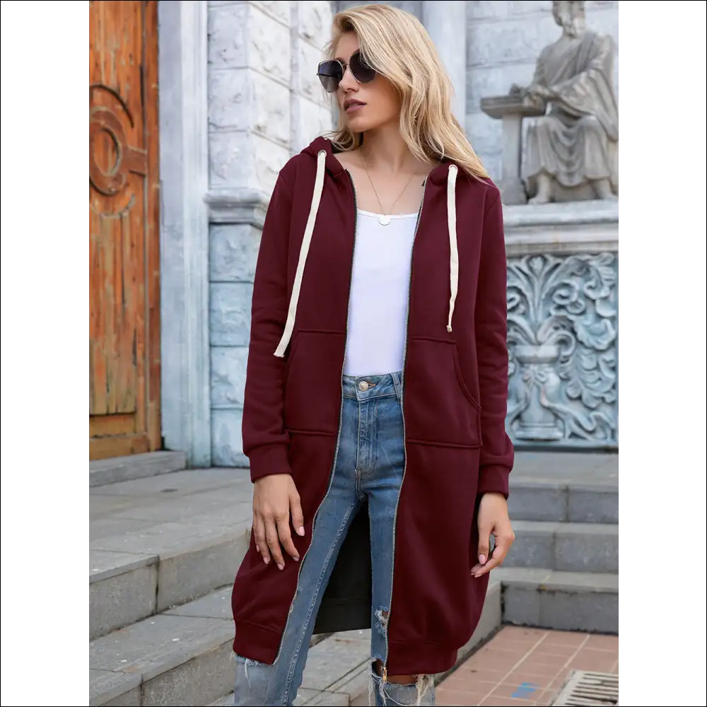 Ivy Lane Chic Longline Zip-up Hoodie with Pockets - Burgundy / l - Hoodies Sweatshirts & on Sale Worldwide Shipping