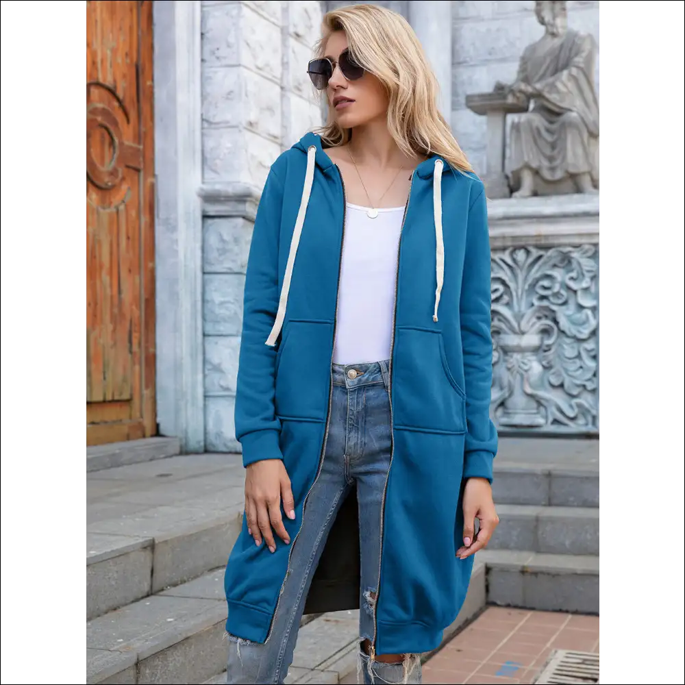 Ivy Lane Chic Longline Zip-up Hoodie with Pockets - Royal Blue / m - Hoodies Sweatshirts & on Sale Worldwide Shipping