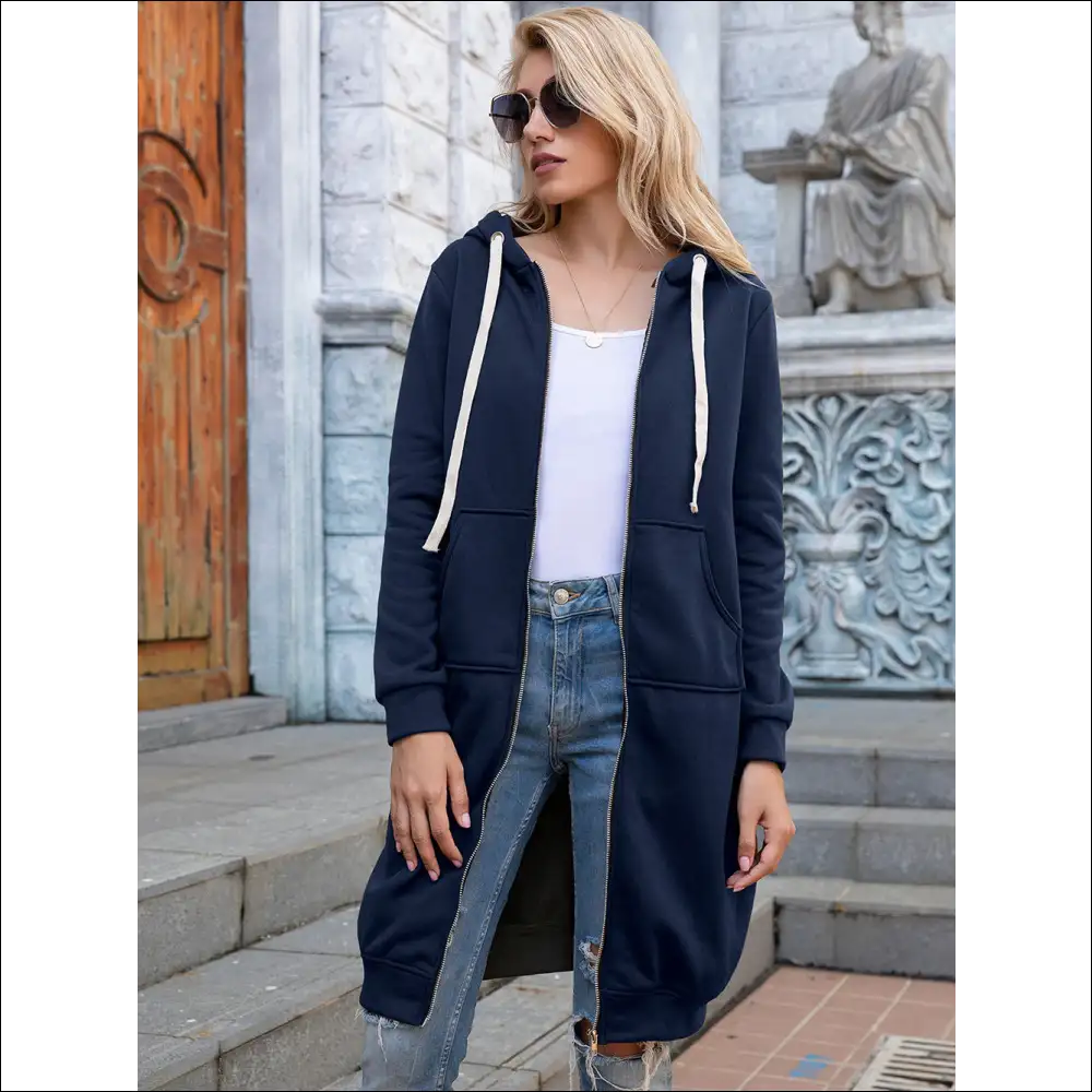 Ivy Lane Chic Longline Zip-up Hoodie with Pockets - Dark Blue / l - Hoodies Sweatshirts & on Sale Worldwide Shipping