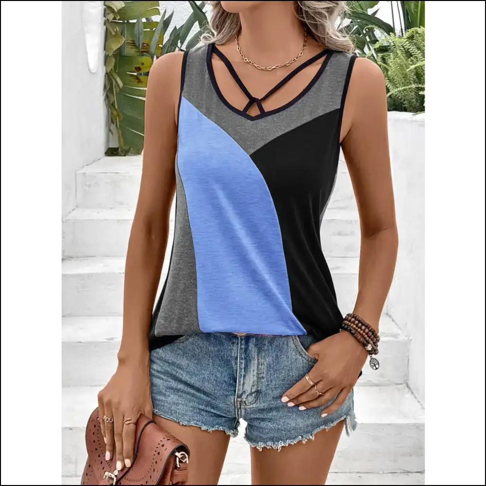 Ivy Lane Color Block Tank Top - Blue / Xl - Tops on Sale Worldwide Shipping