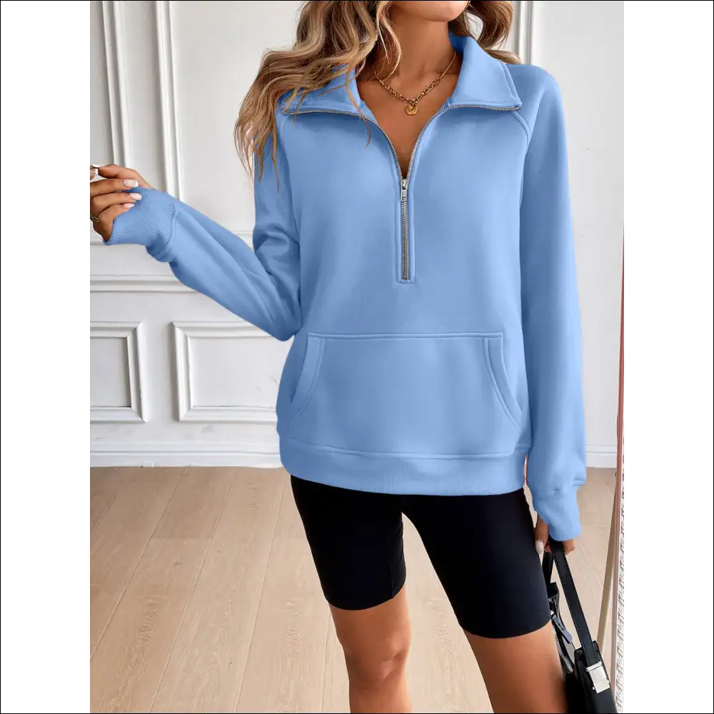 Ivy Lane Chic Half Zip Raglan Sweatshirt - Light Blue / s - Sweatshirts & Hoodies on Sale Worldwide Shipping