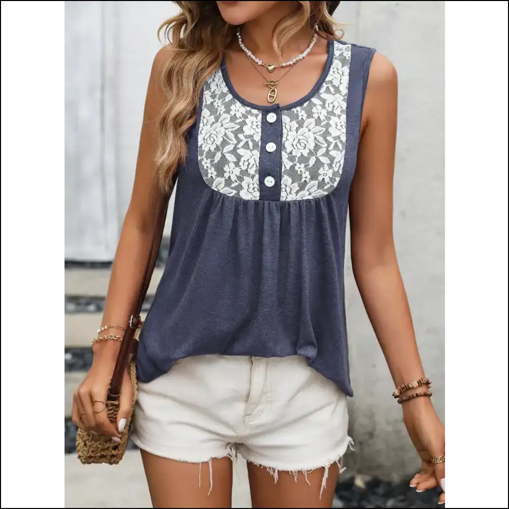 Ivy Lane Lace Contrast Scoop Neck Tank Top - Dirty Blue / Xl - Tops on Sale Worldwide Shipping