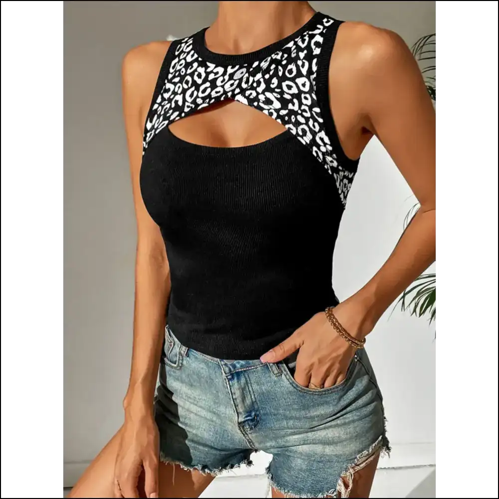 Ivy Lane Leopard Cutout Round Neck Tank - Tops on Sale Worldwide Shipping