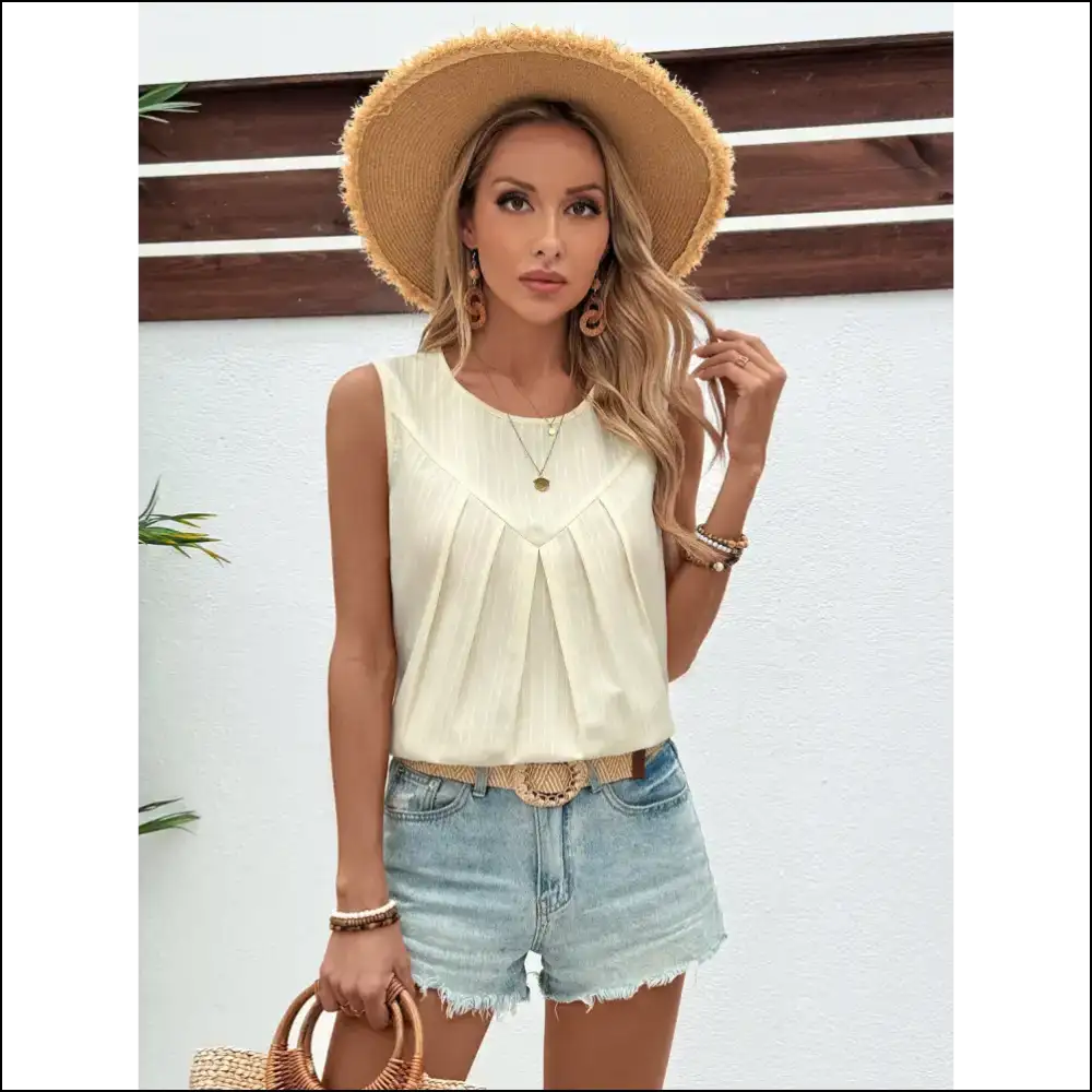 Ivy Lane Ruched Round Neck Tank - Chic & Stylish - Beige / s - Tops on Sale Worldwide Shipping