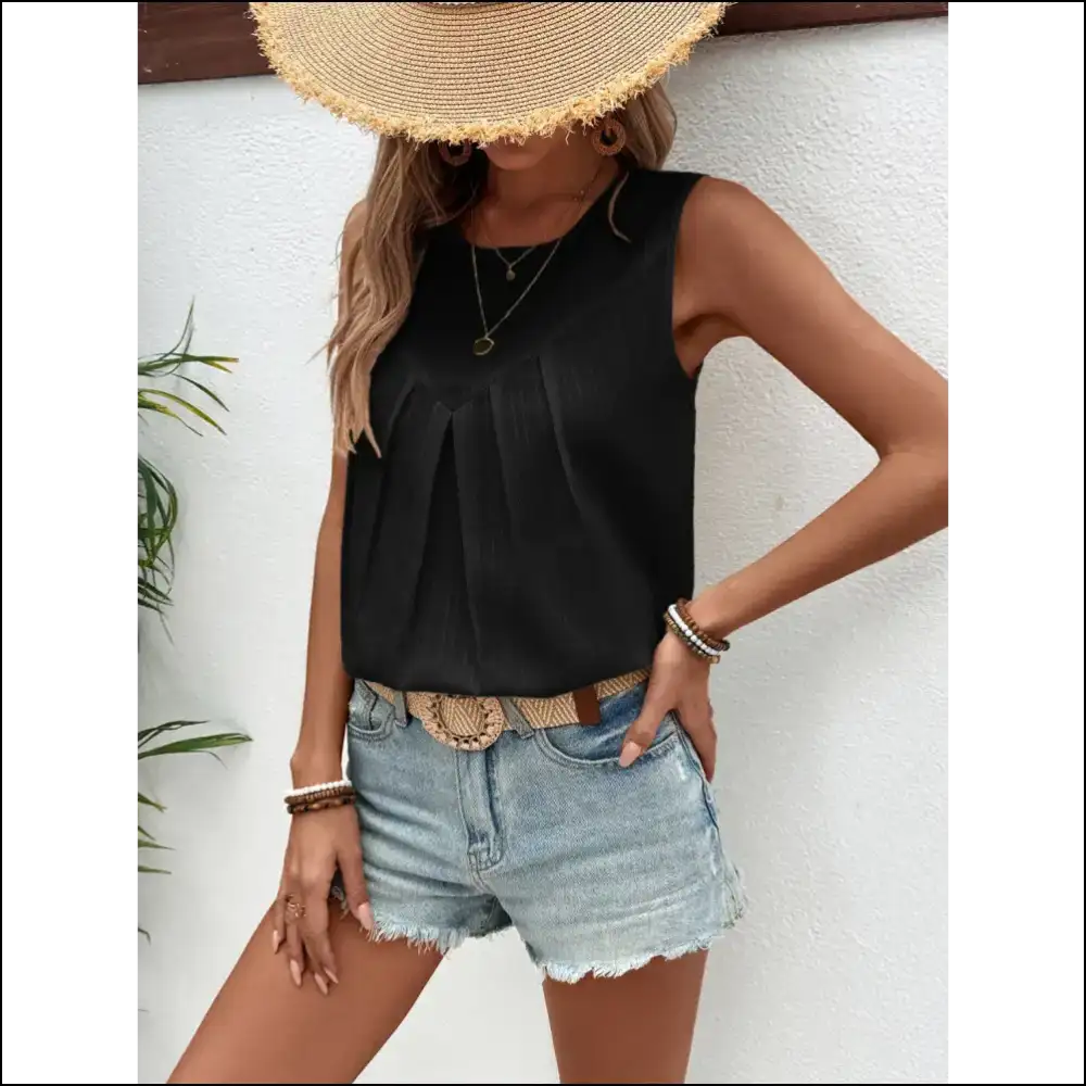 Ivy Lane Ruched Round Neck Tank - Chic & Stylish - Black / s - Tops on Sale Worldwide Shipping