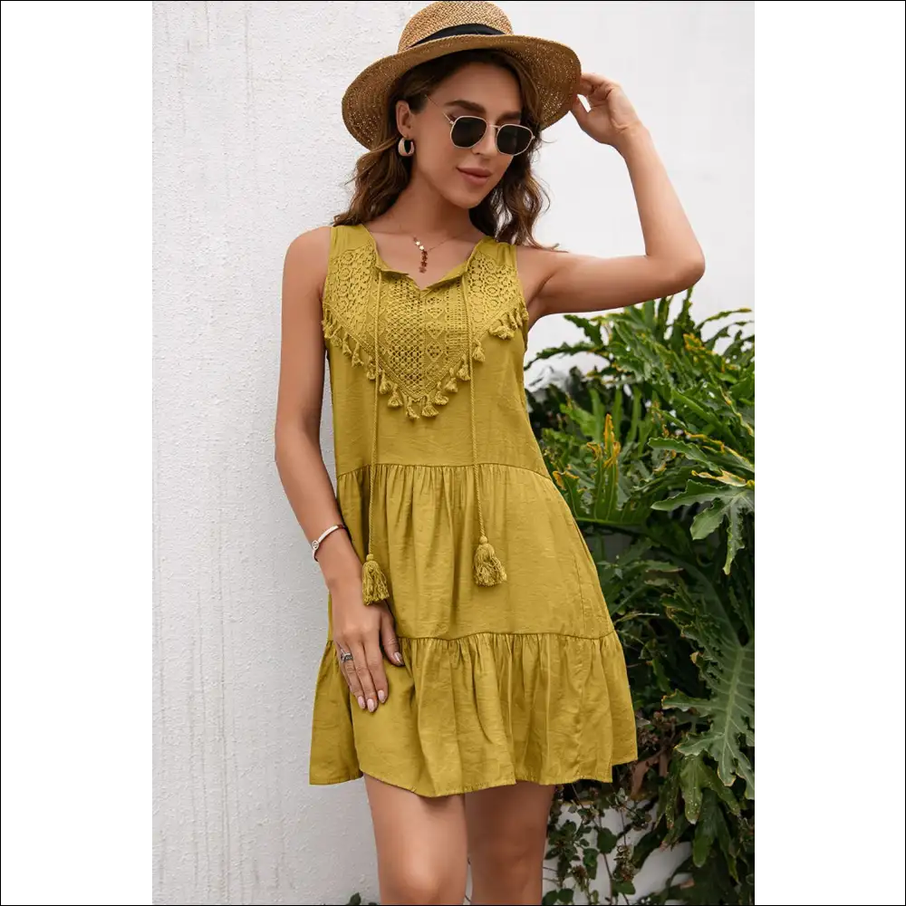 Ivy Lane Chic Lace Trim Sleeveless Dress with Tassels - Mustard / l - Dresses on Sale Worldwide Shipping