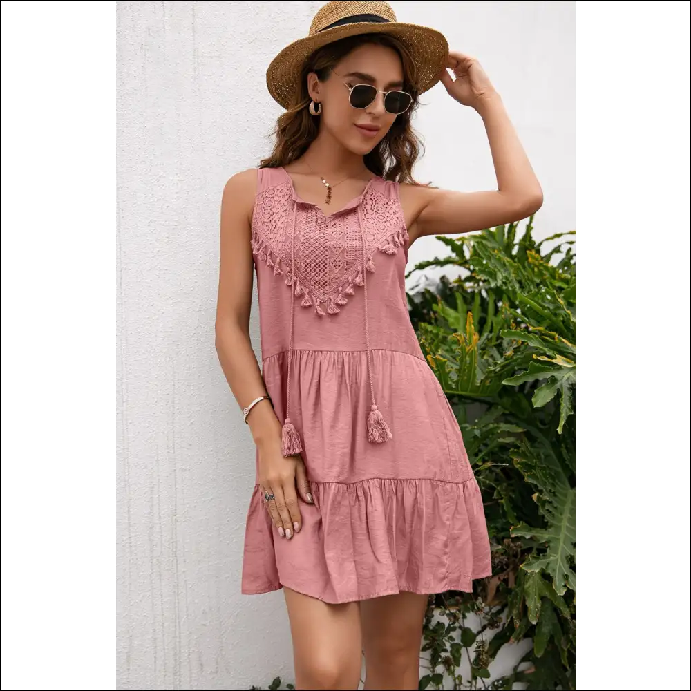 Ivy Lane Chic Lace Trim Sleeveless Dress with Tassels - Dusty Pink / Xl - Dresses on Sale Worldwide Shipping