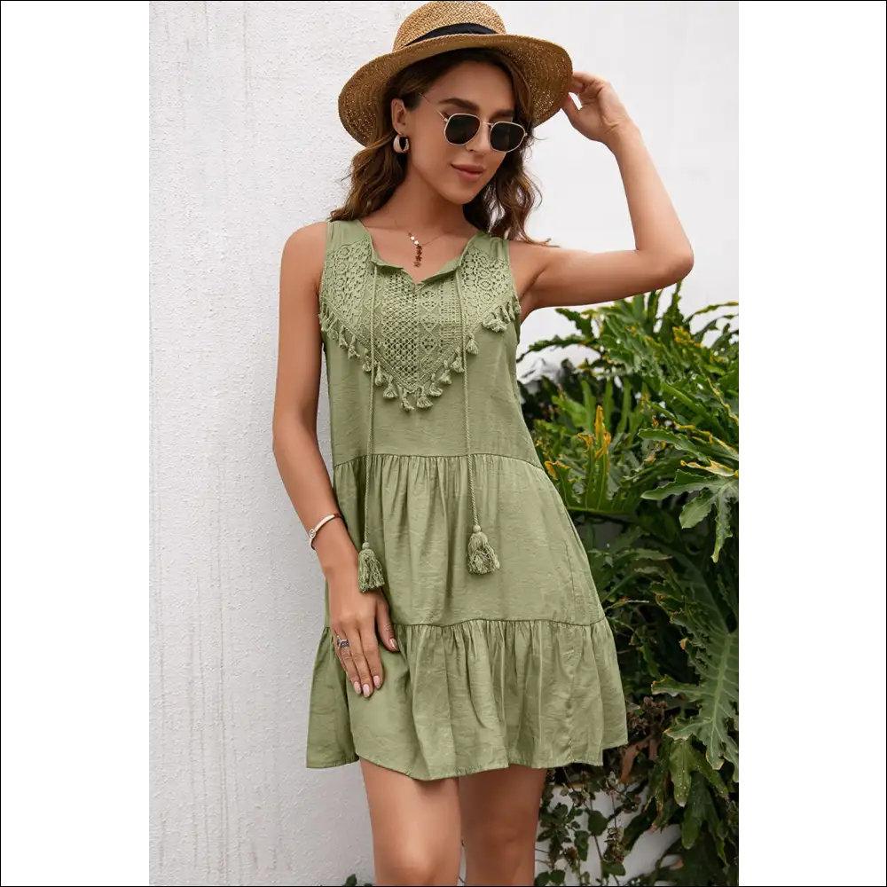 Ivy Lane Chic Lace Trim Sleeveless Dress with Tassels - Light Green / s - Dresses on Sale Worldwide Shipping