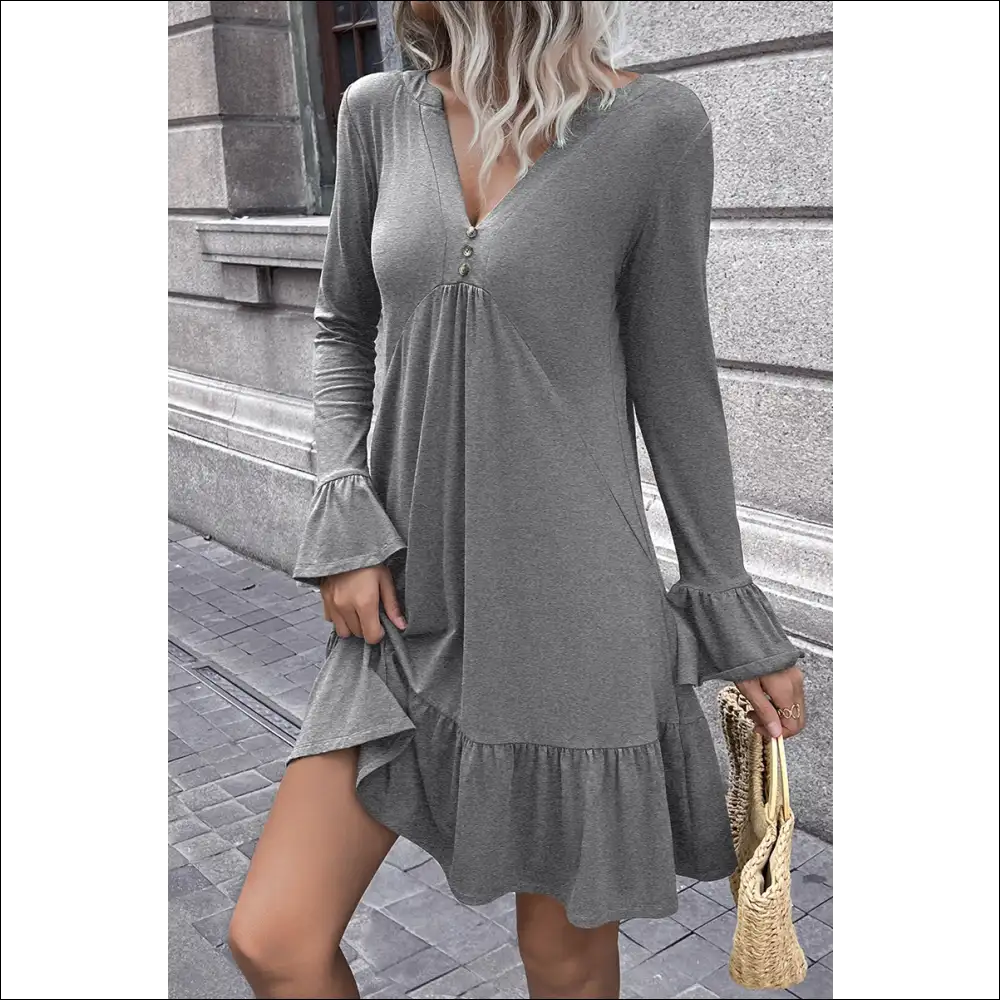 Ivy Lane V-neck Flounce Sleeve Ruffle Hem Mini Dress - Grey / m - Dresses on Sale Worldwide Shipping