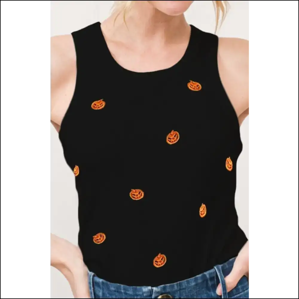Jack O’ Lantern Embroidered Ribbed Tank - Tops on Sale Worldwide Shipping
