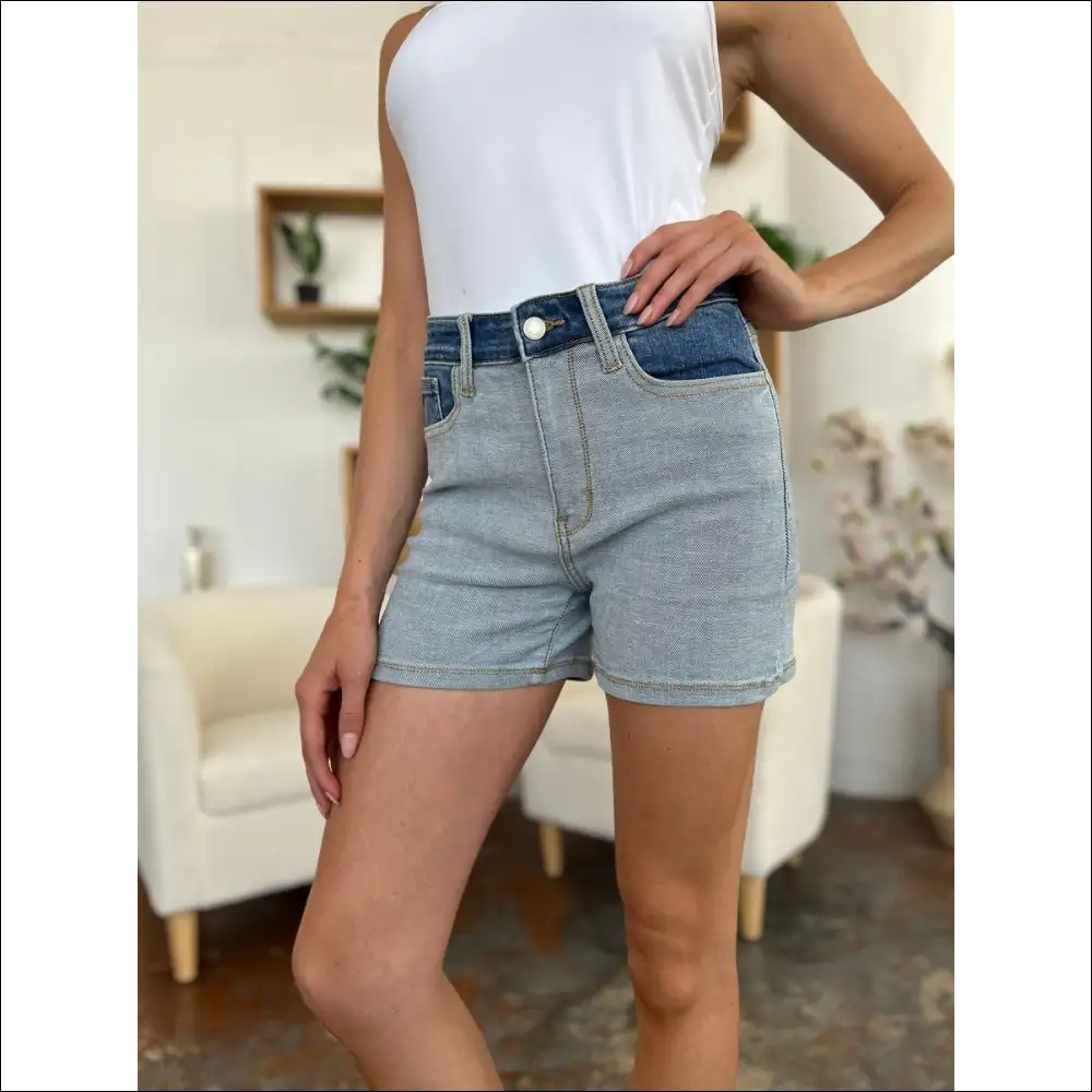 Judy Blue Color Block Full Size Denim Shorts - on Sale Worldwide Shipping