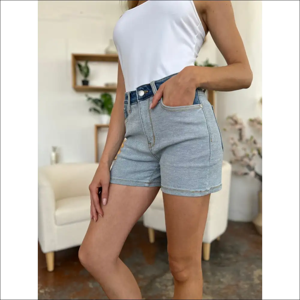 Judy Blue Color Block Full Size Denim Shorts - on Sale Worldwide Shipping