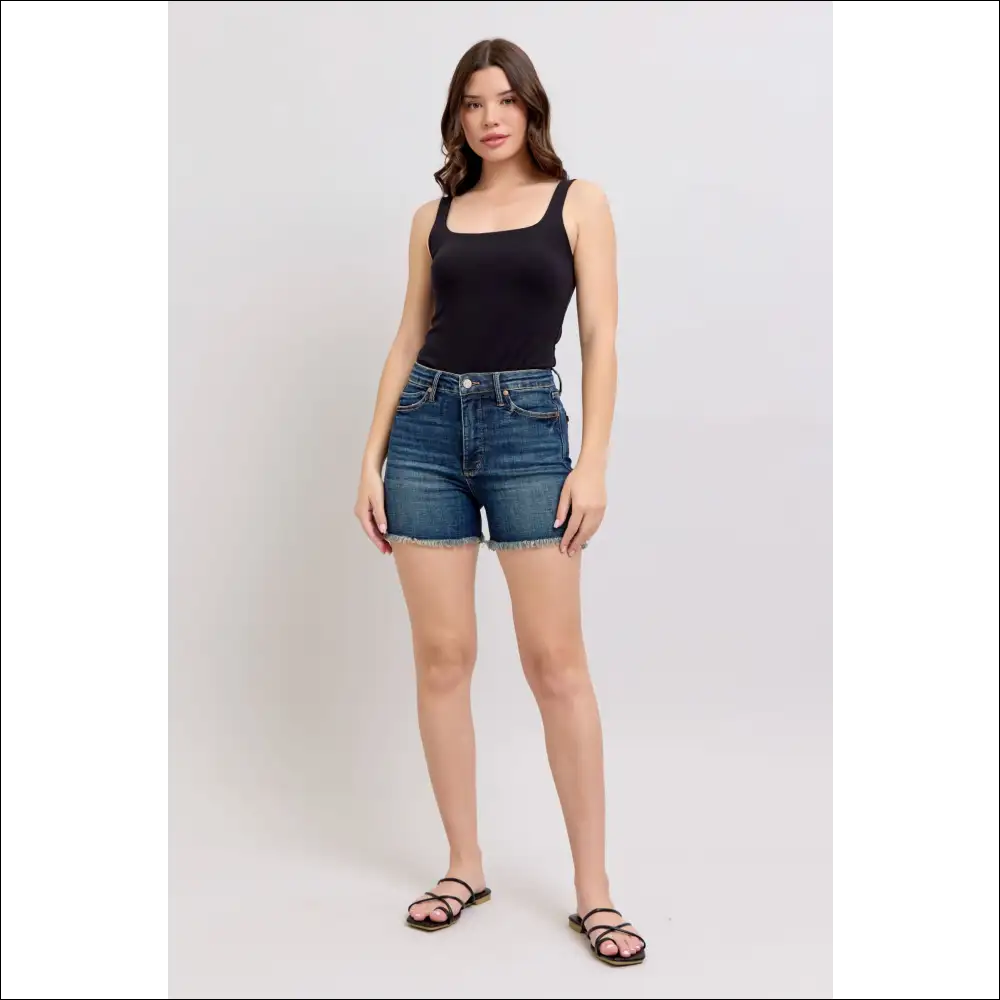 Judy Blue Tummy Control Fray Hem & Shield Back Pockets Denim Shorts - on Sale Worldwide Shipping