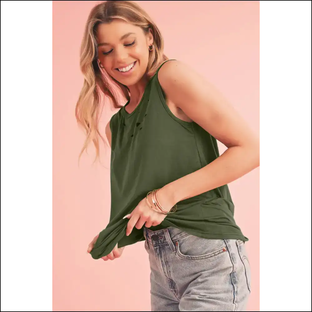 Jungle Green: Needful Things Distressed Ripped Tank Top π - Tops on Sale Worldwide Shipping