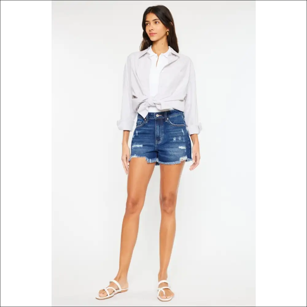 Kancan High Rise Frayed Hem Denim Shorts - on Sale Worldwide Shipping
