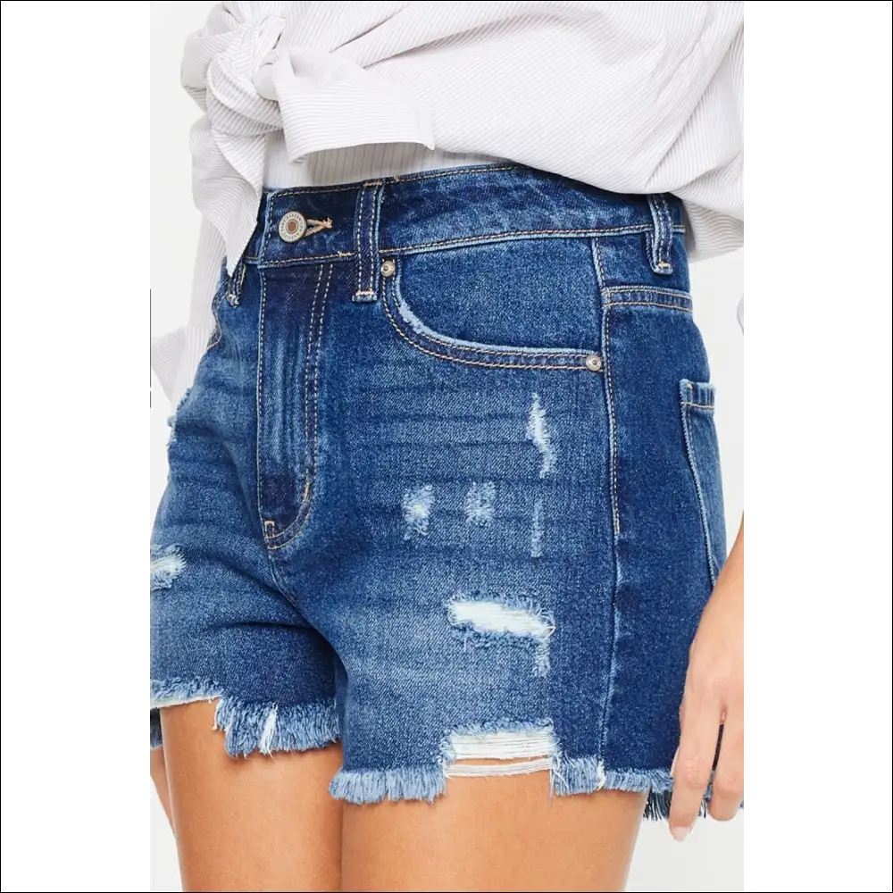 Kancan High Rise Frayed Hem Denim Shorts - on Sale Worldwide Shipping
